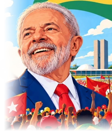 Ilustração de Lula, moradores reunidos e arquitetura de Brasília